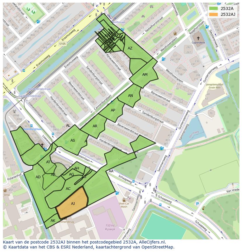 Afbeelding van het postcodegebied 2532 AJ op de kaart.