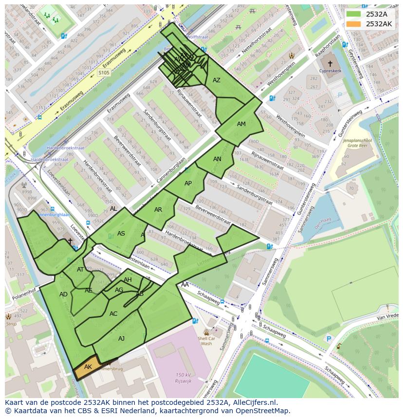 Afbeelding van het postcodegebied 2532 AK op de kaart.