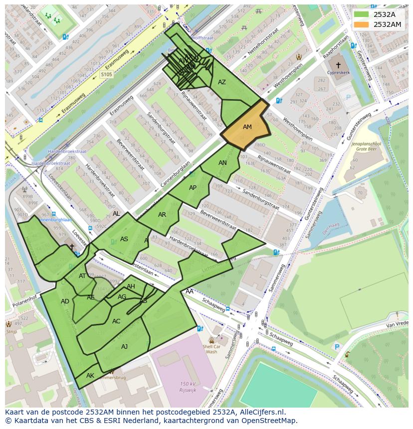 Afbeelding van het postcodegebied 2532 AM op de kaart.