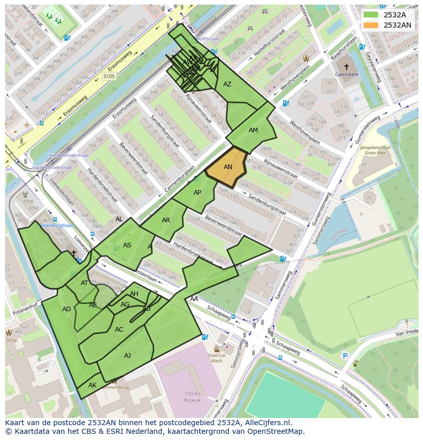 Afbeelding van het postcodegebied 2532 AN op de kaart.