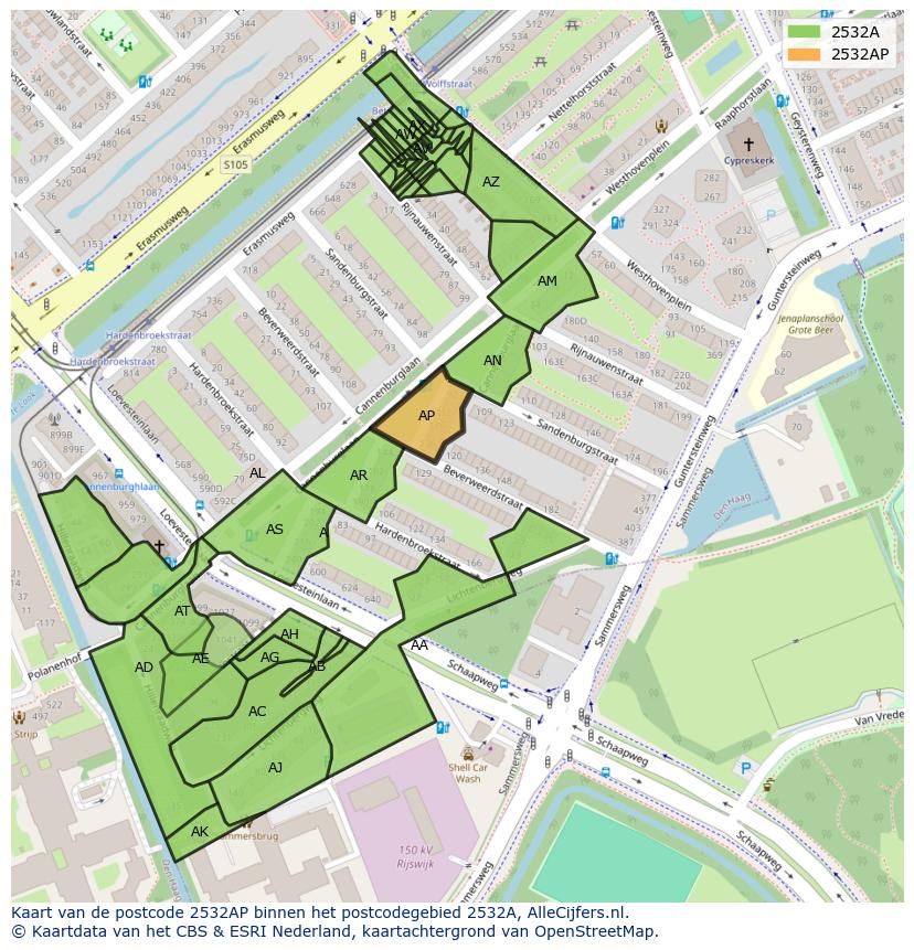 Afbeelding van het postcodegebied 2532 AP op de kaart.