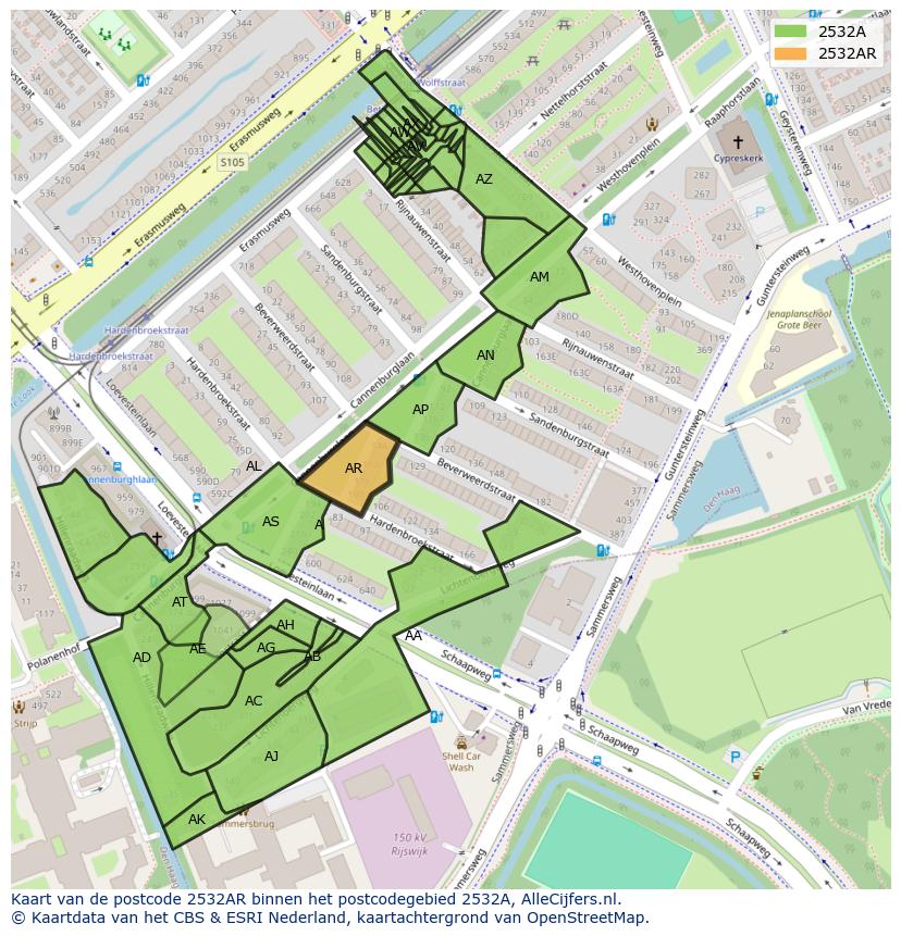 Afbeelding van het postcodegebied 2532 AR op de kaart.