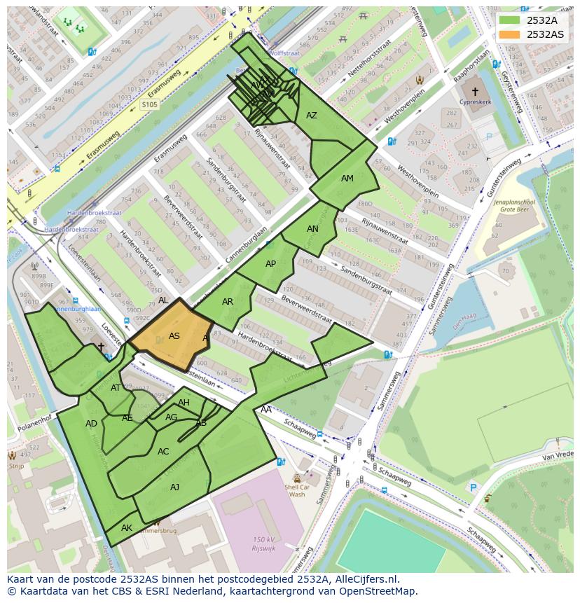 Afbeelding van het postcodegebied 2532 AS op de kaart.