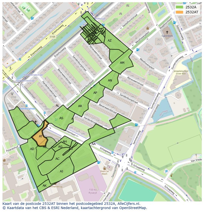 Afbeelding van het postcodegebied 2532 AT op de kaart.