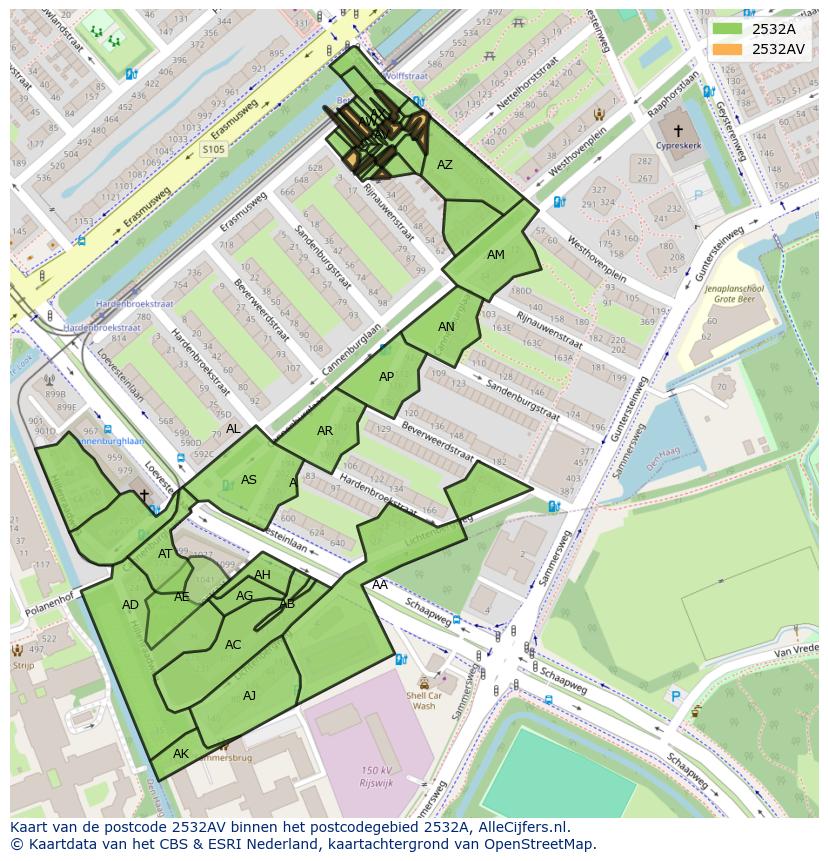 Afbeelding van het postcodegebied 2532 AV op de kaart.