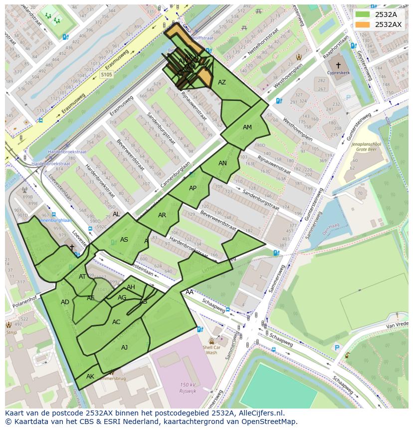 Afbeelding van het postcodegebied 2532 AX op de kaart.