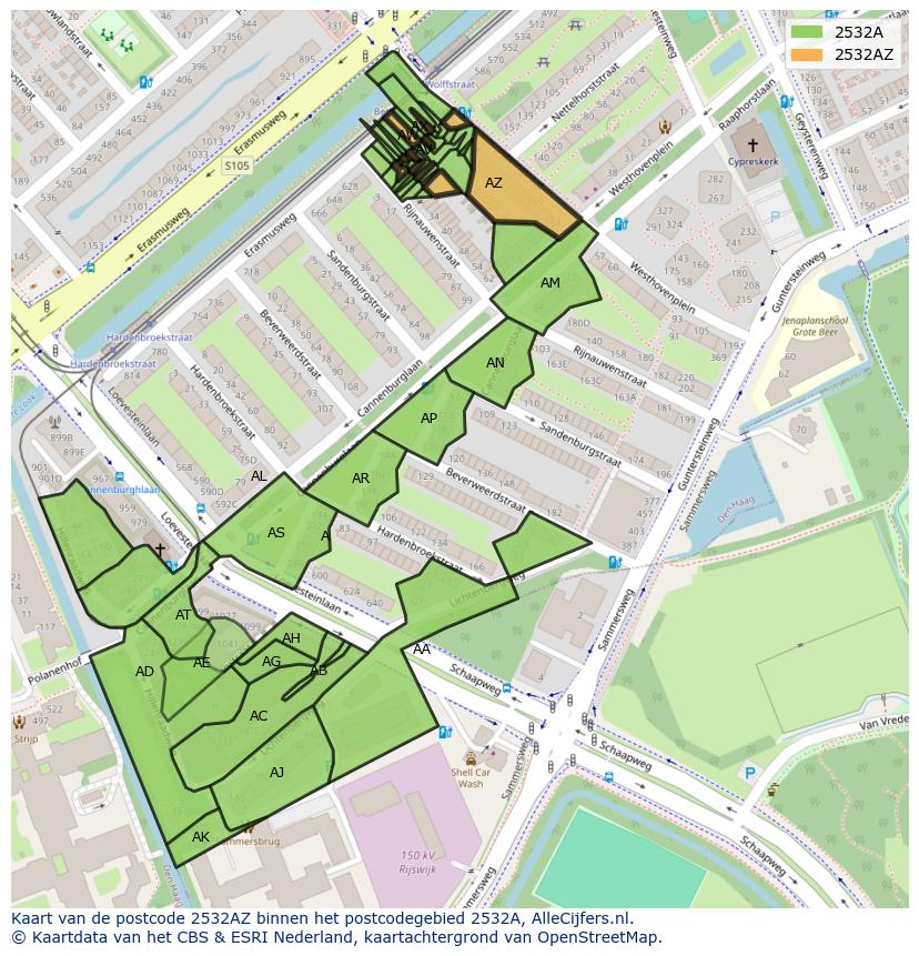 Afbeelding van het postcodegebied 2532 AZ op de kaart.