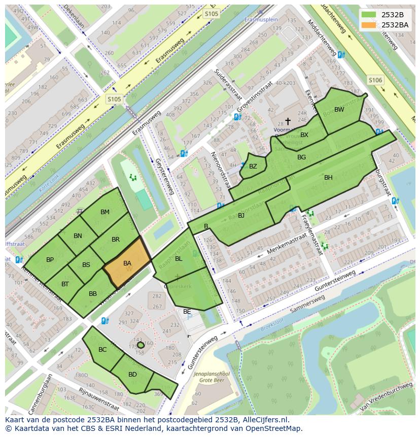 Afbeelding van het postcodegebied 2532 BA op de kaart.