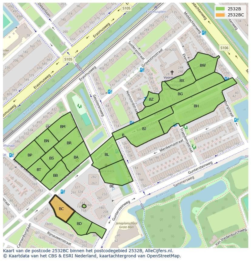 Afbeelding van het postcodegebied 2532 BC op de kaart.