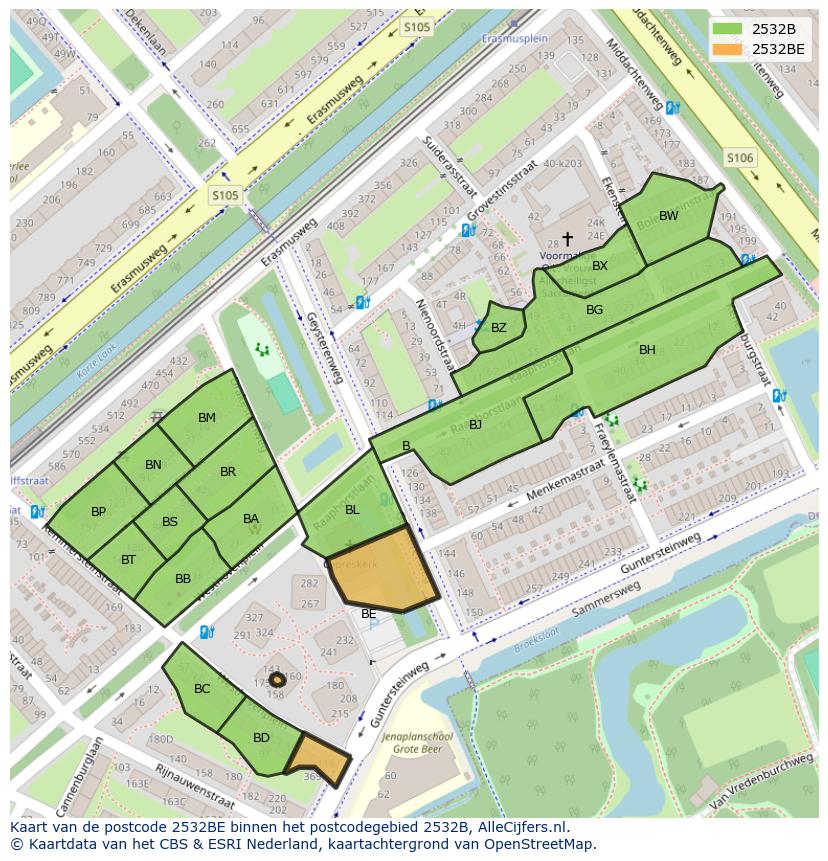 Afbeelding van het postcodegebied 2532 BE op de kaart.