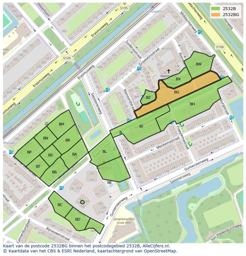 Afbeelding van het postcodegebied 2532 BG op de kaart.