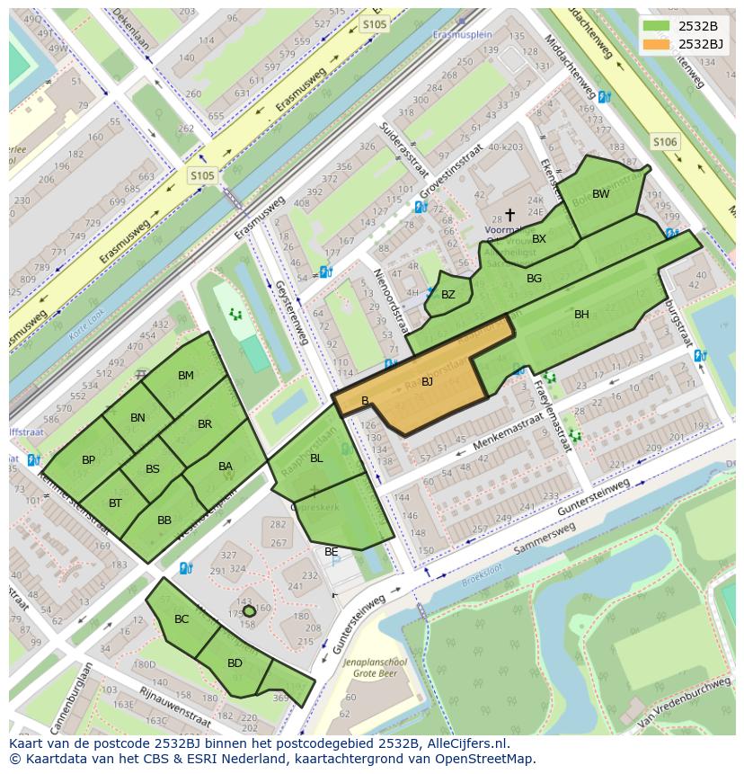 Afbeelding van het postcodegebied 2532 BJ op de kaart.