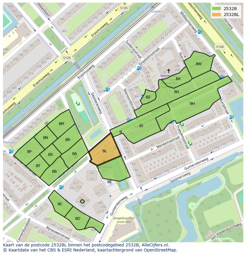 Afbeelding van het postcodegebied 2532 BL op de kaart.