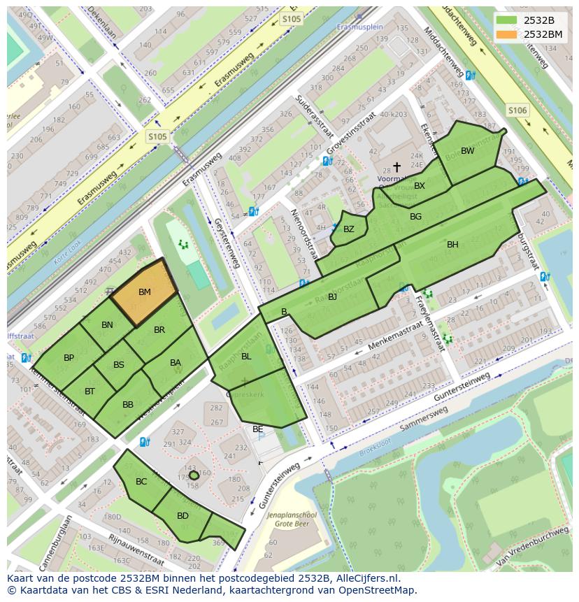 Afbeelding van het postcodegebied 2532 BM op de kaart.