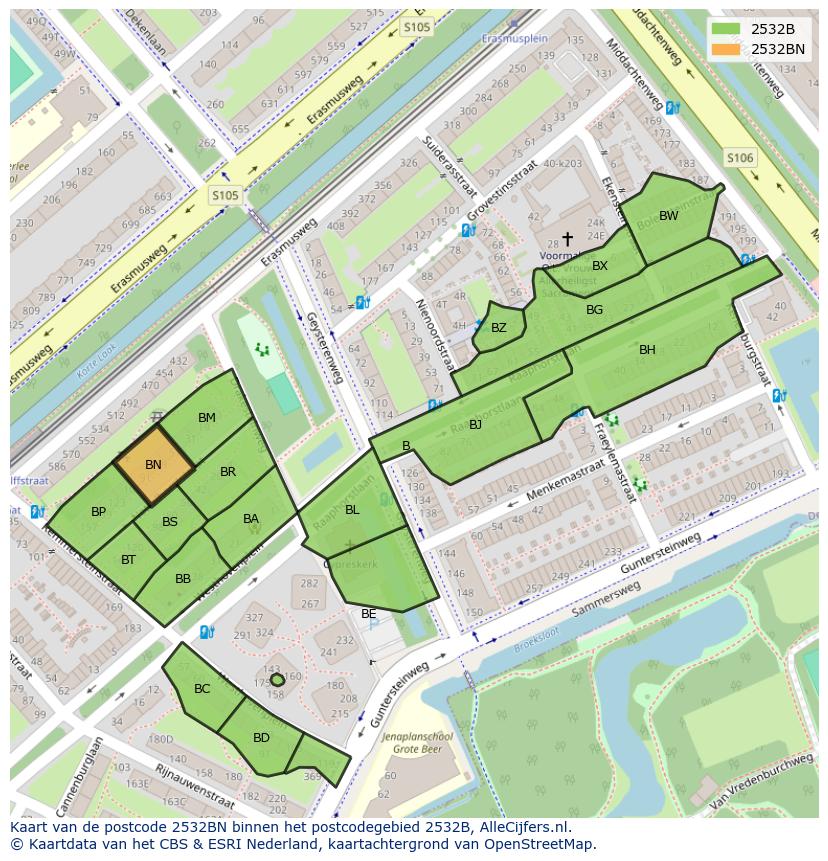 Afbeelding van het postcodegebied 2532 BN op de kaart.
