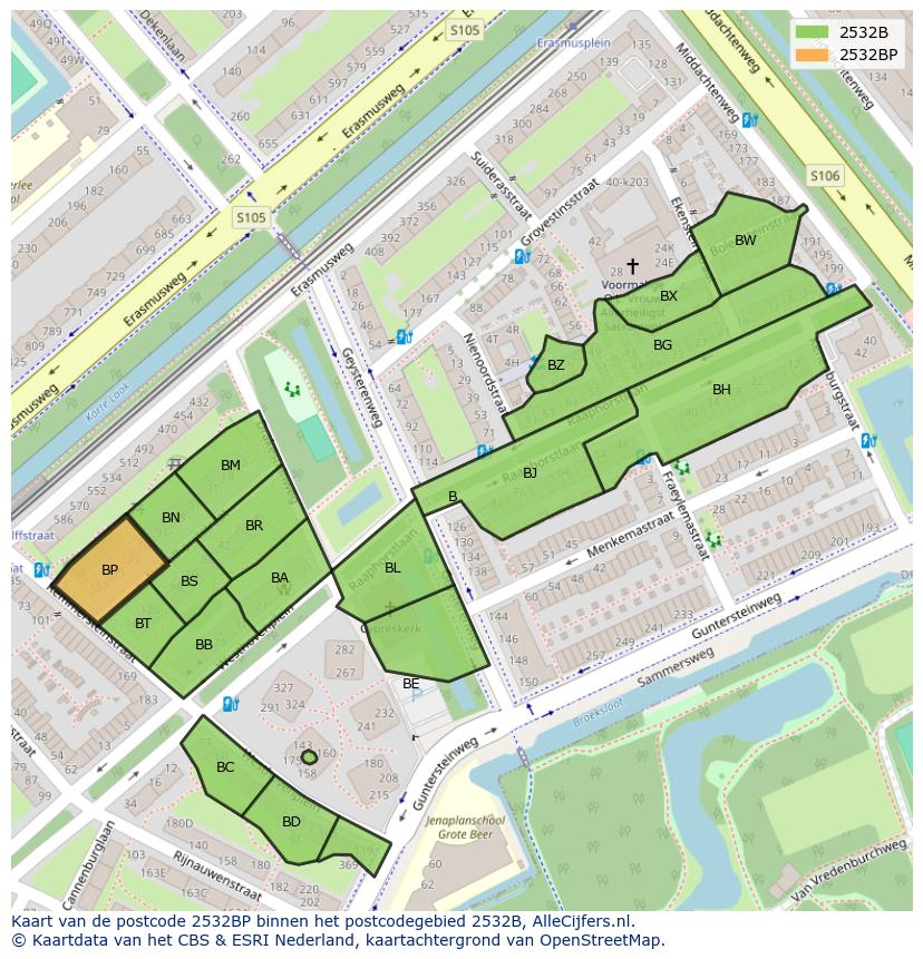 Afbeelding van het postcodegebied 2532 BP op de kaart.