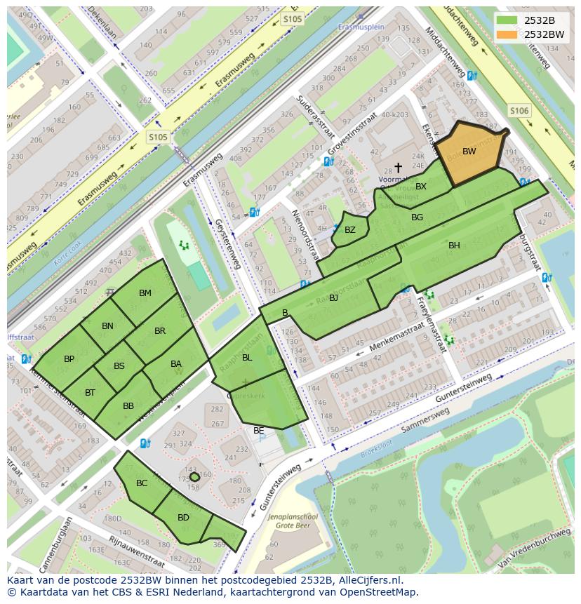Afbeelding van het postcodegebied 2532 BW op de kaart.
