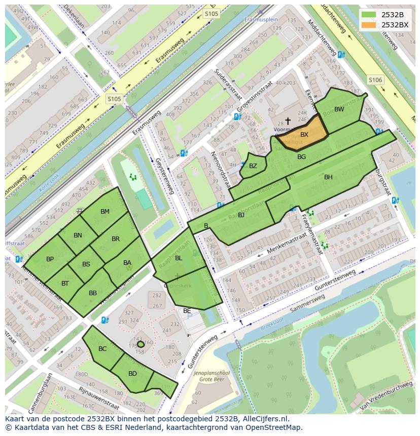 Afbeelding van het postcodegebied 2532 BX op de kaart.