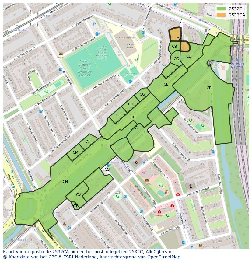 Afbeelding van het postcodegebied 2532 CA op de kaart.