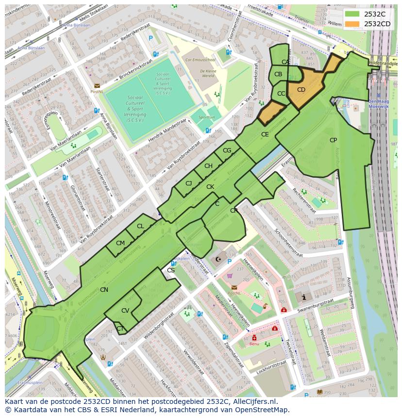 Afbeelding van het postcodegebied 2532 CD op de kaart.
