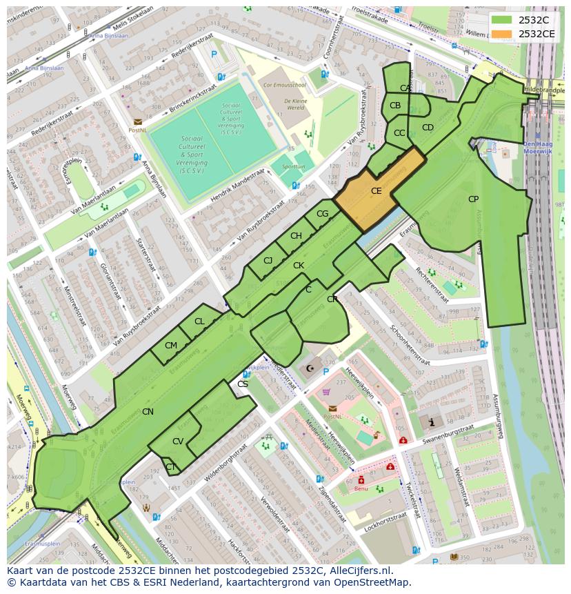 Afbeelding van het postcodegebied 2532 CE op de kaart.
