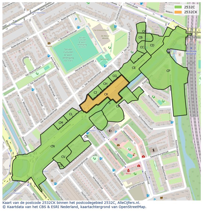 Afbeelding van het postcodegebied 2532 CK op de kaart.