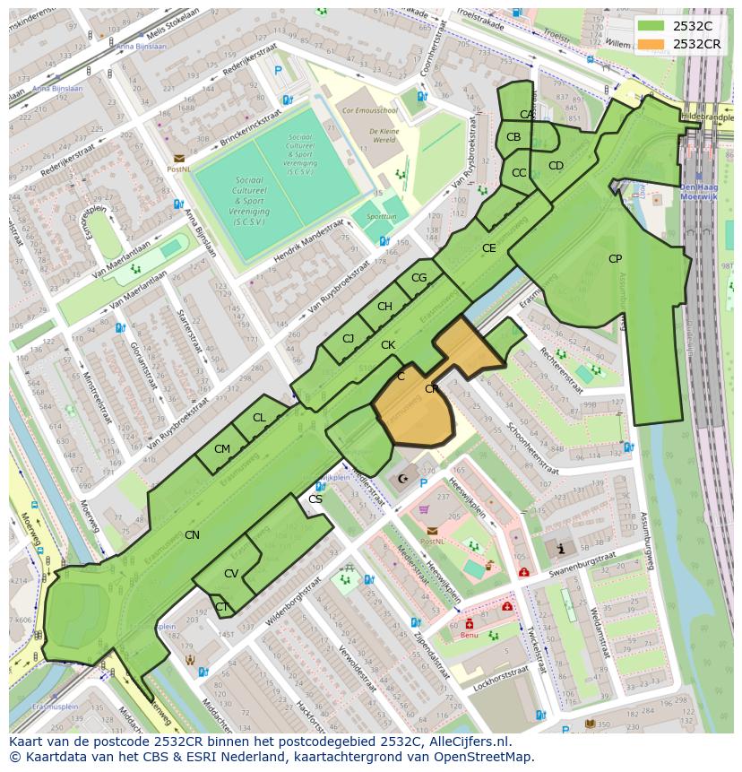 Afbeelding van het postcodegebied 2532 CR op de kaart.
