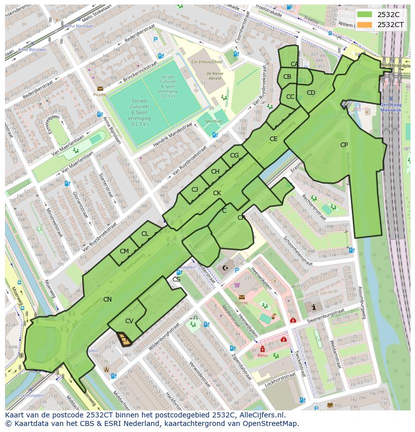 Afbeelding van het postcodegebied 2532 CT op de kaart.