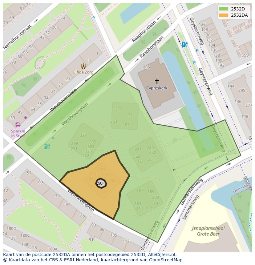 Afbeelding van het postcodegebied 2532 DA op de kaart.