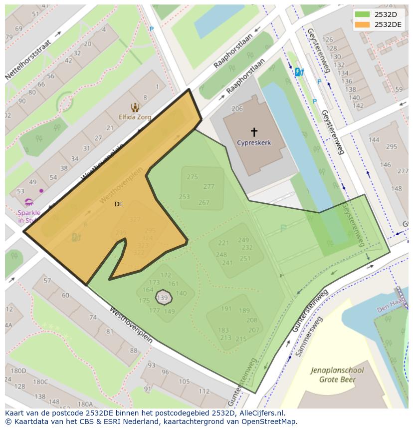 Afbeelding van het postcodegebied 2532 DE op de kaart.