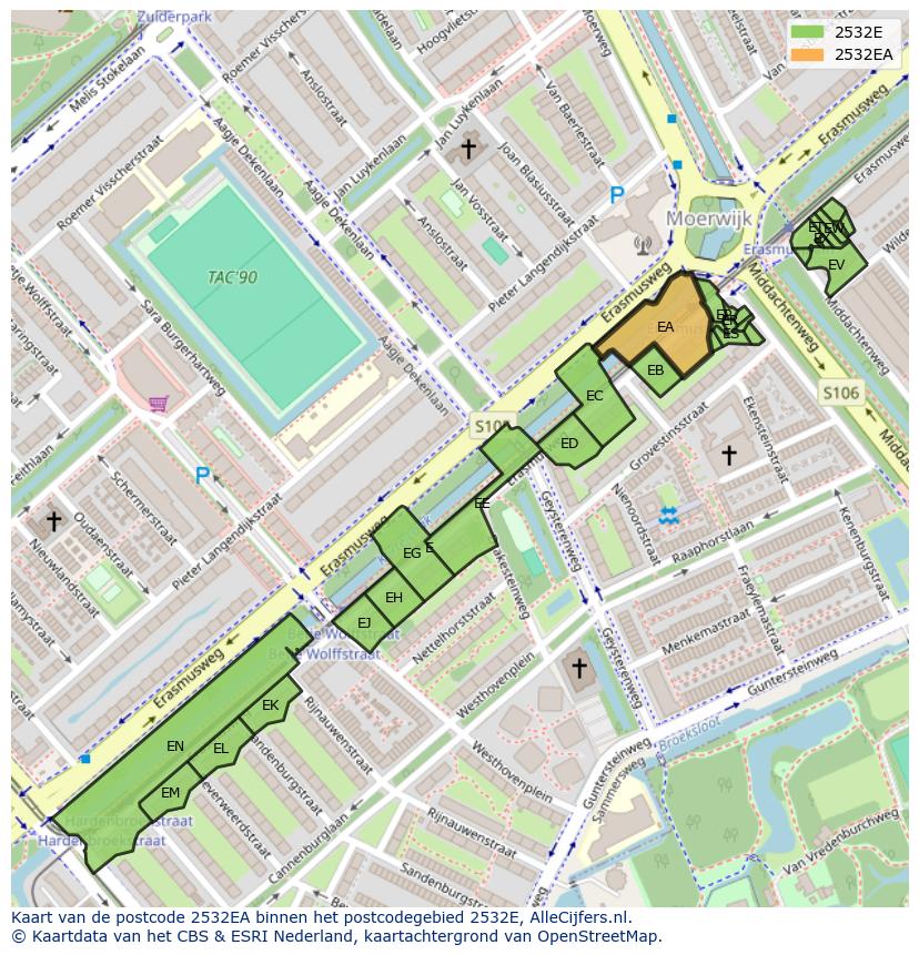 Afbeelding van het postcodegebied 2532 EA op de kaart.