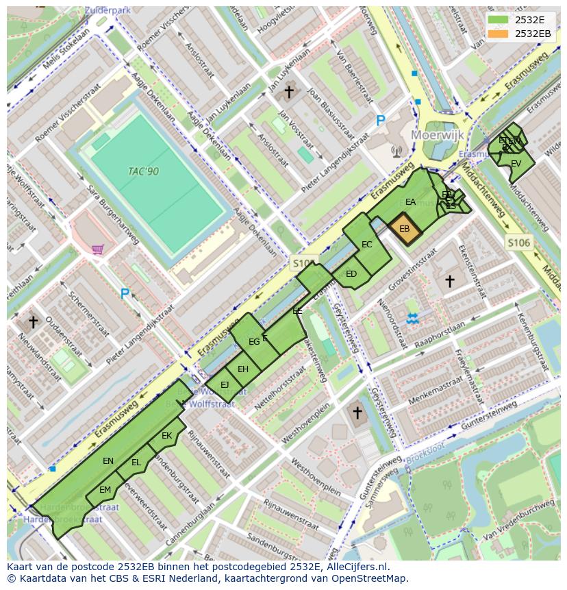 Afbeelding van het postcodegebied 2532 EB op de kaart.