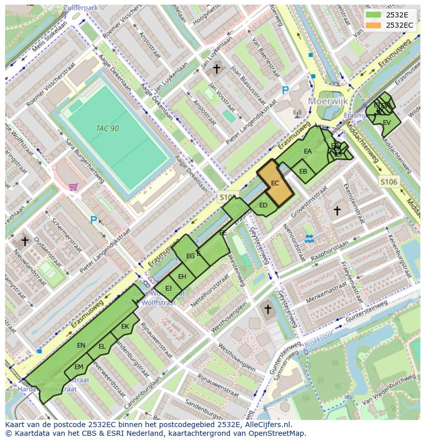 Afbeelding van het postcodegebied 2532 EC op de kaart.