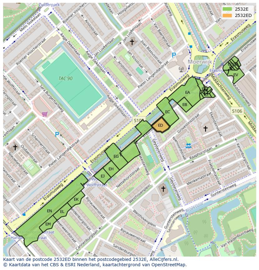 Afbeelding van het postcodegebied 2532 ED op de kaart.