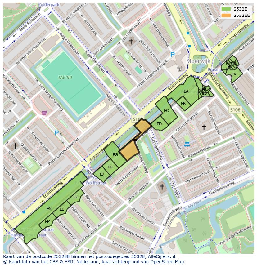 Afbeelding van het postcodegebied 2532 EE op de kaart.