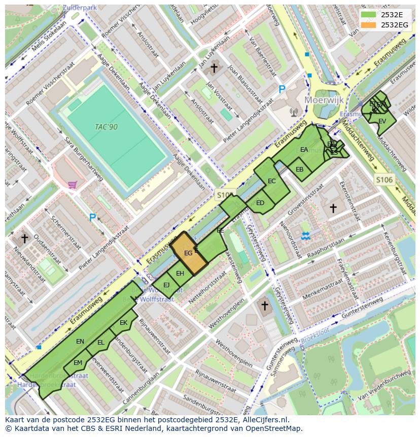 Afbeelding van het postcodegebied 2532 EG op de kaart.