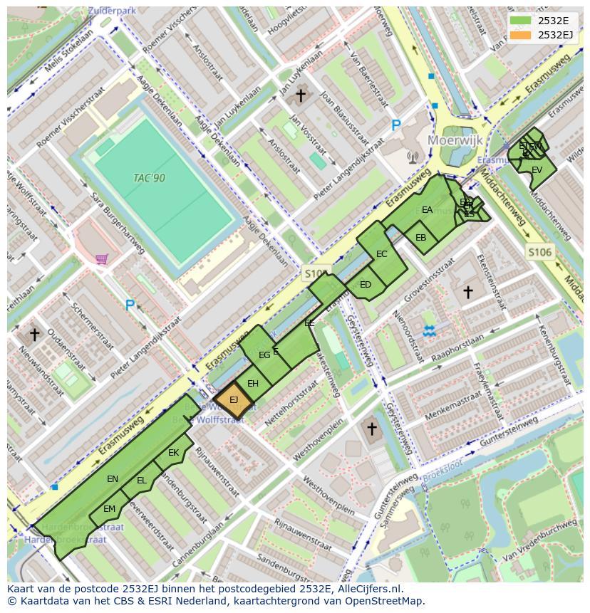 Afbeelding van het postcodegebied 2532 EJ op de kaart.