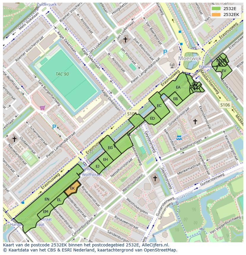 Afbeelding van het postcodegebied 2532 EK op de kaart.