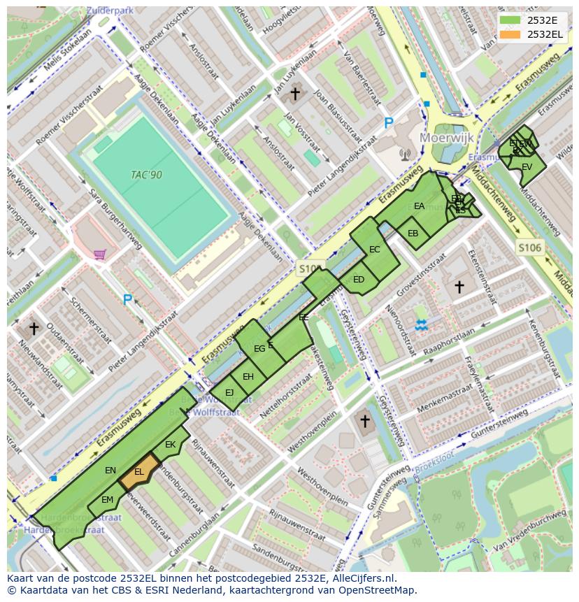 Afbeelding van het postcodegebied 2532 EL op de kaart.