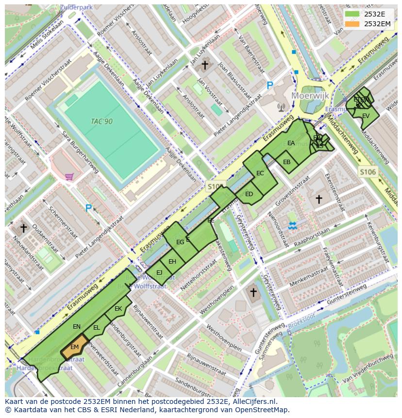Afbeelding van het postcodegebied 2532 EM op de kaart.