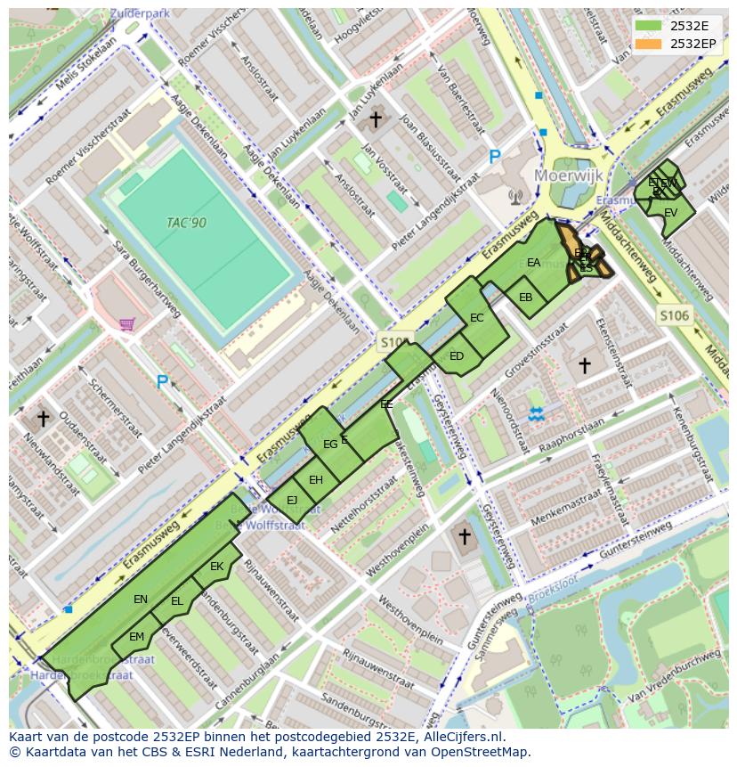 Afbeelding van het postcodegebied 2532 EP op de kaart.