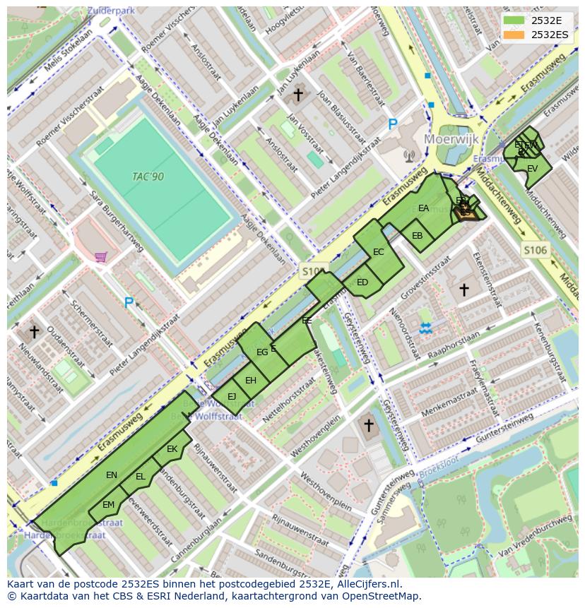 Afbeelding van het postcodegebied 2532 ES op de kaart.