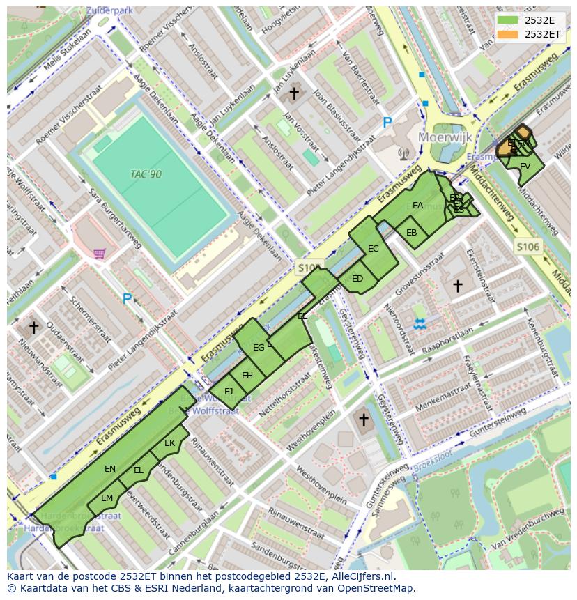 Afbeelding van het postcodegebied 2532 ET op de kaart.
