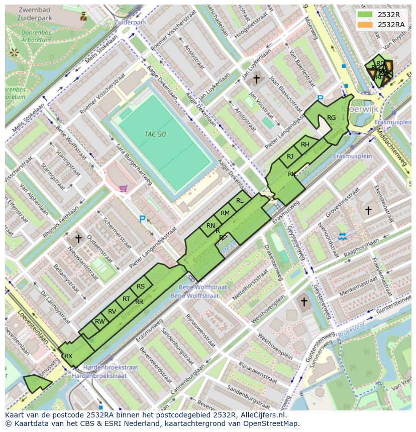 Afbeelding van het postcodegebied 2532 RA op de kaart.