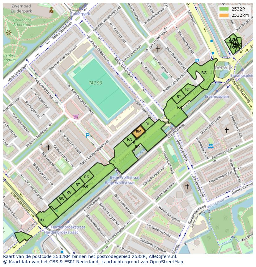 Afbeelding van het postcodegebied 2532 RM op de kaart.