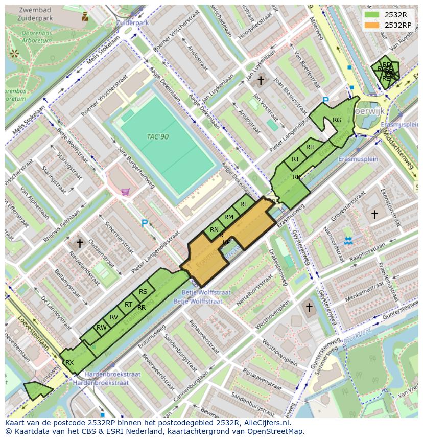 Afbeelding van het postcodegebied 2532 RP op de kaart.