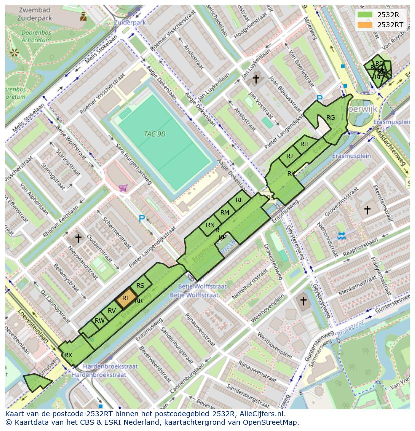 Afbeelding van het postcodegebied 2532 RT op de kaart.