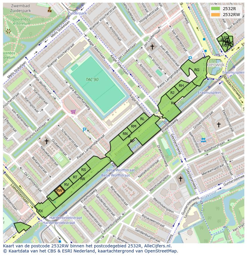 Afbeelding van het postcodegebied 2532 RW op de kaart.