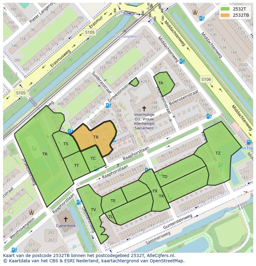 Afbeelding van het postcodegebied 2532 TB op de kaart.