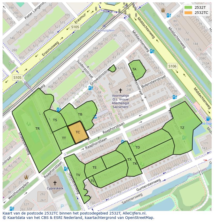 Afbeelding van het postcodegebied 2532 TC op de kaart.